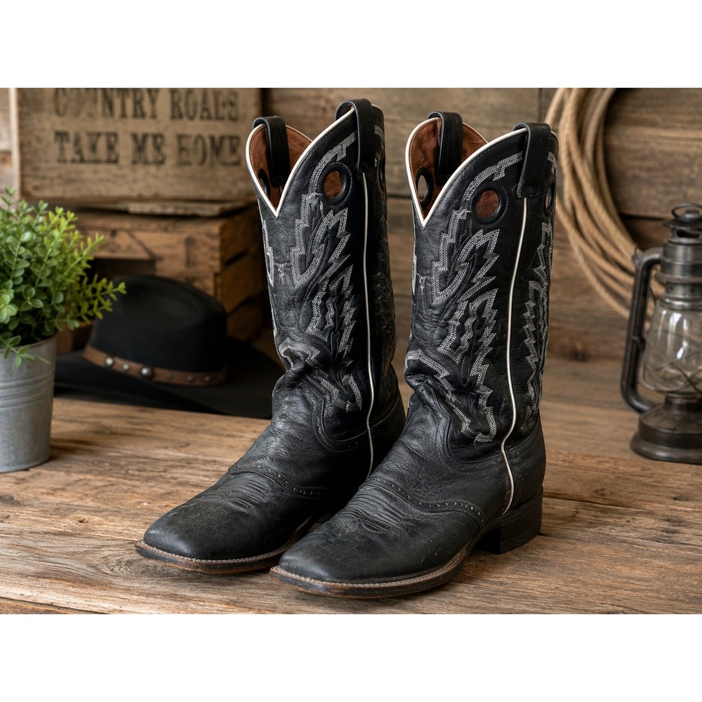 Rocky Cowboy Western Boots Mens 11 M Black Leather Square Toe Embroidered 5021